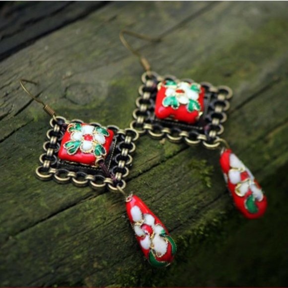 NEW Nepal Handmade Cloisonne Dangle Earrings - Picture 6 of 9